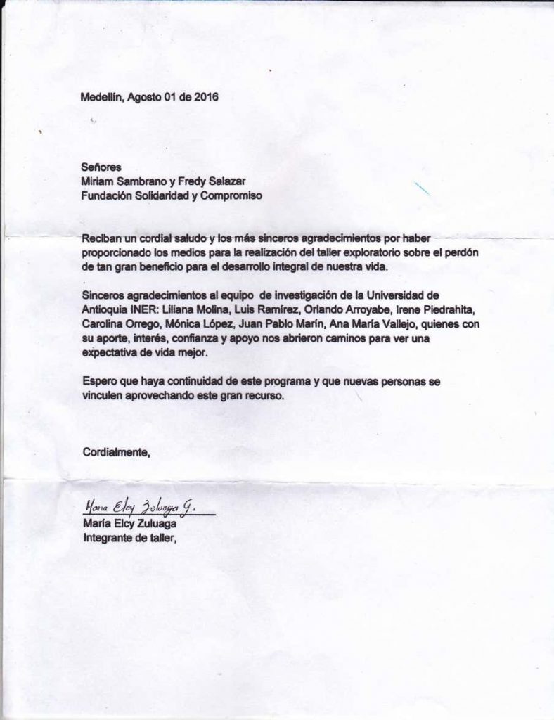 Escuelas de perdón y reconciliación - Carta de agradecimiento - Fundación solidaridad y compromiso